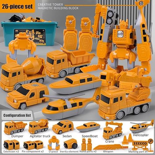 Mangetic Transform Engineering Car Assembled Toys, Transforming Robot Car Toy, Kids' Play Construction Vehicles, Outdoor Toddlers Activities Toys Magnetic Blocks for Kids Age 3-8