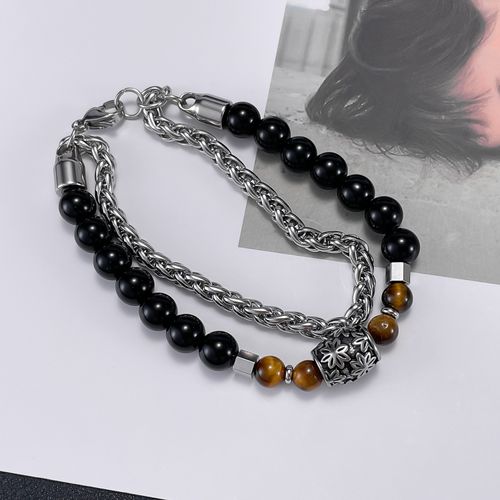 OPK Cross-Border European & American Style Bracelet — Vintage, Premium Stainless Steel Design featuring Double-Layered Glass Beads and Tiger's Eye — Unisex