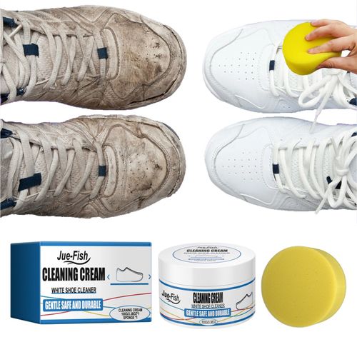 👟🧽 Creme de Limpeza para Tênis Brancos Jue-Fish com Esponja ⚡ Limpeza Rápida | 🛡️ Segura