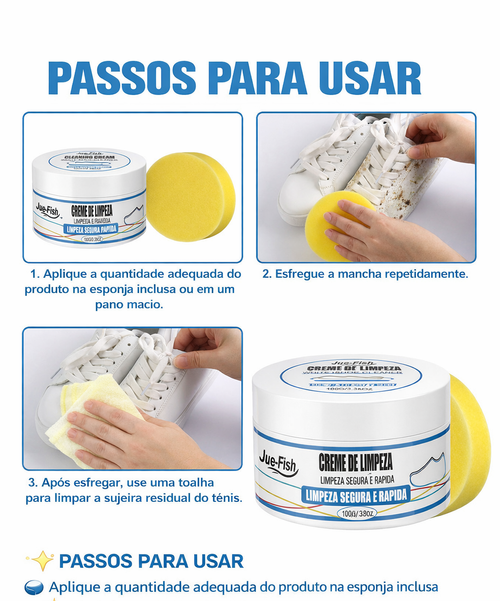 👟🧽 Creme de Limpeza para Tênis Brancos Jue-Fish com Esponja ⚡ Limpeza Rápida | 🛡️ Segura