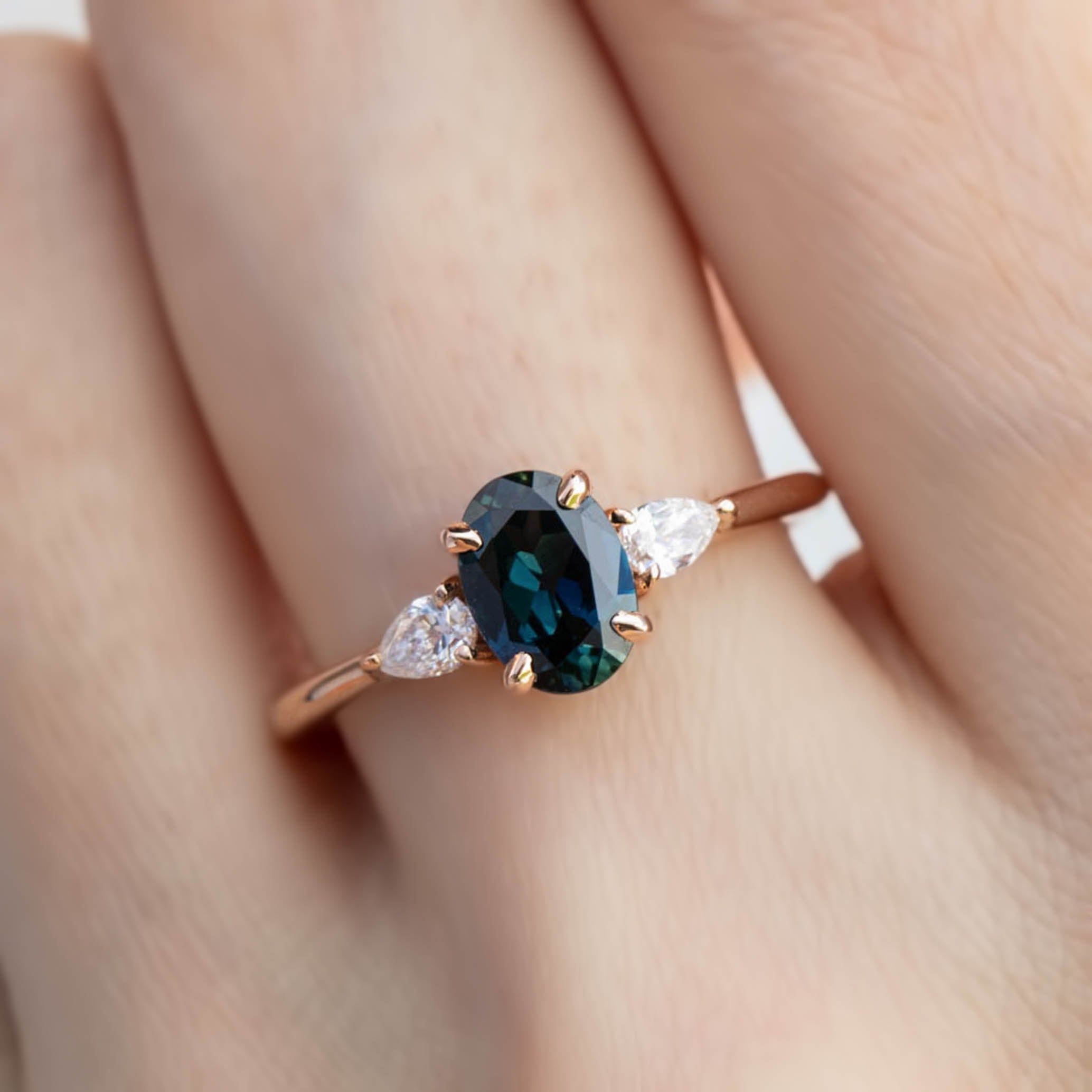 Olivia Ring 1.22ct Dark Blue Green Oval Queensland Sapphire, 14k Rose Gold (One of a kind)