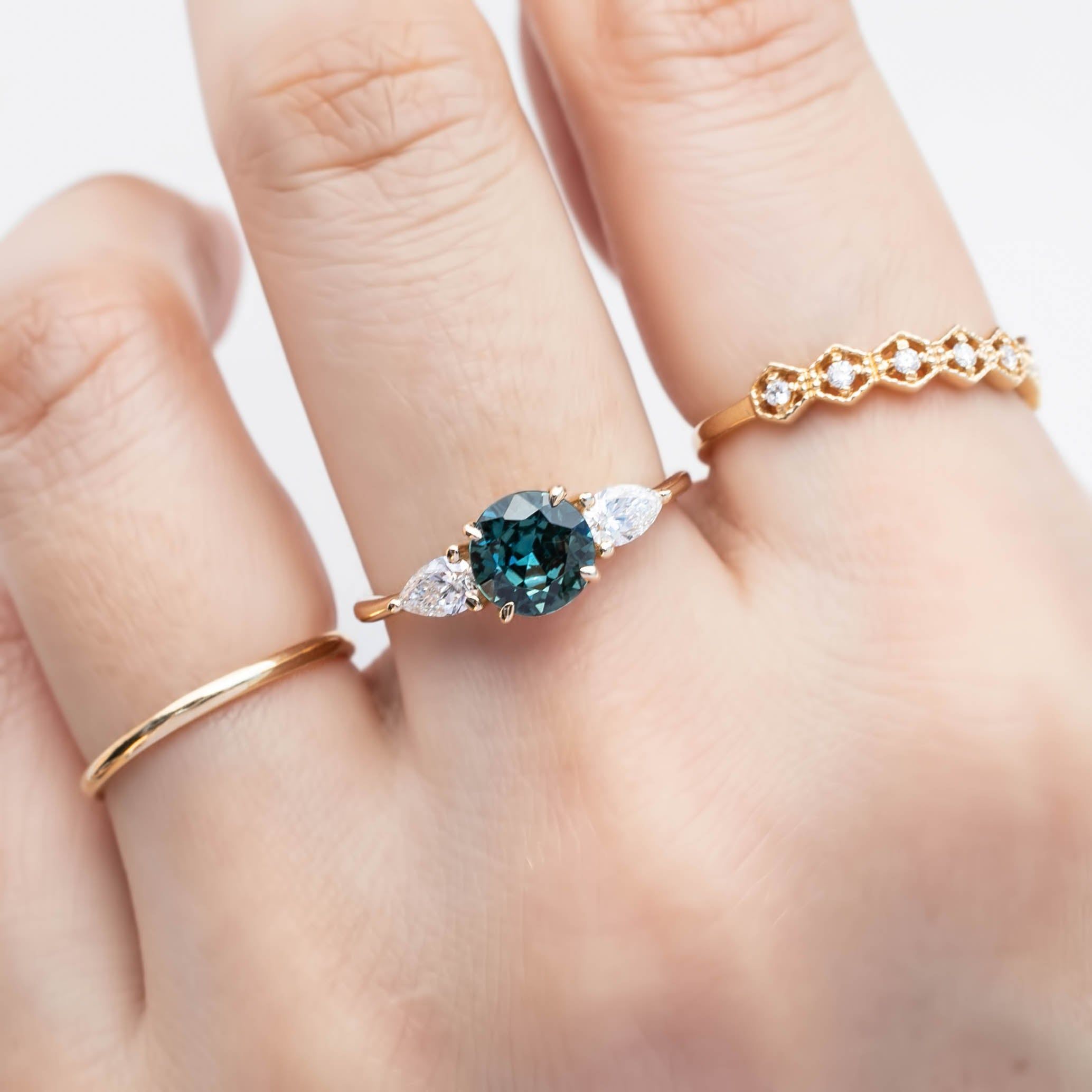 Olivia Grand Ring 1.25ct Green Blue Round Queensland Sapphire, 14K Yellow Gold (One of a kind)