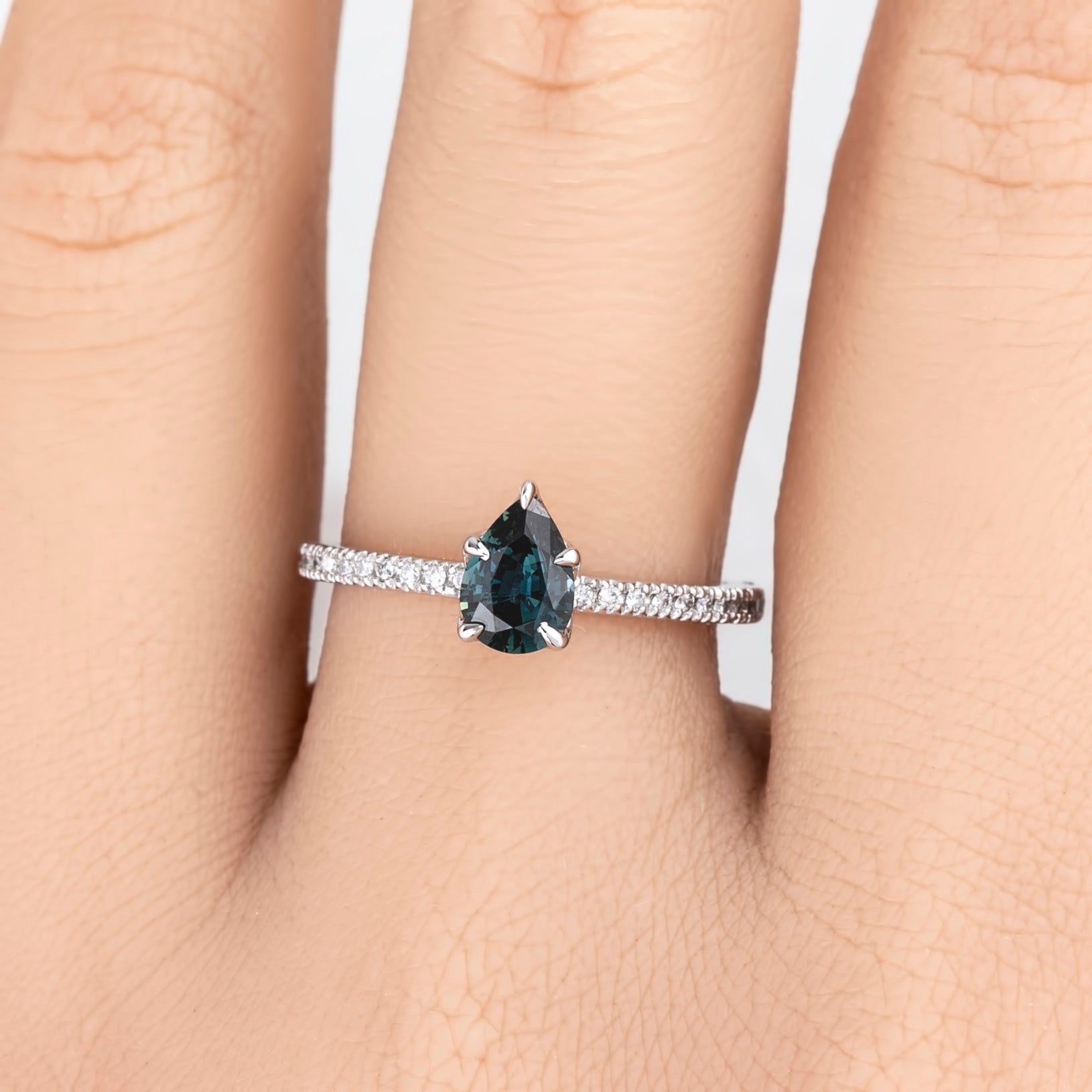 Maria Ring 0.81ct Blue Green Madagascar Sapphire, 14k White Gold (One of a kind)