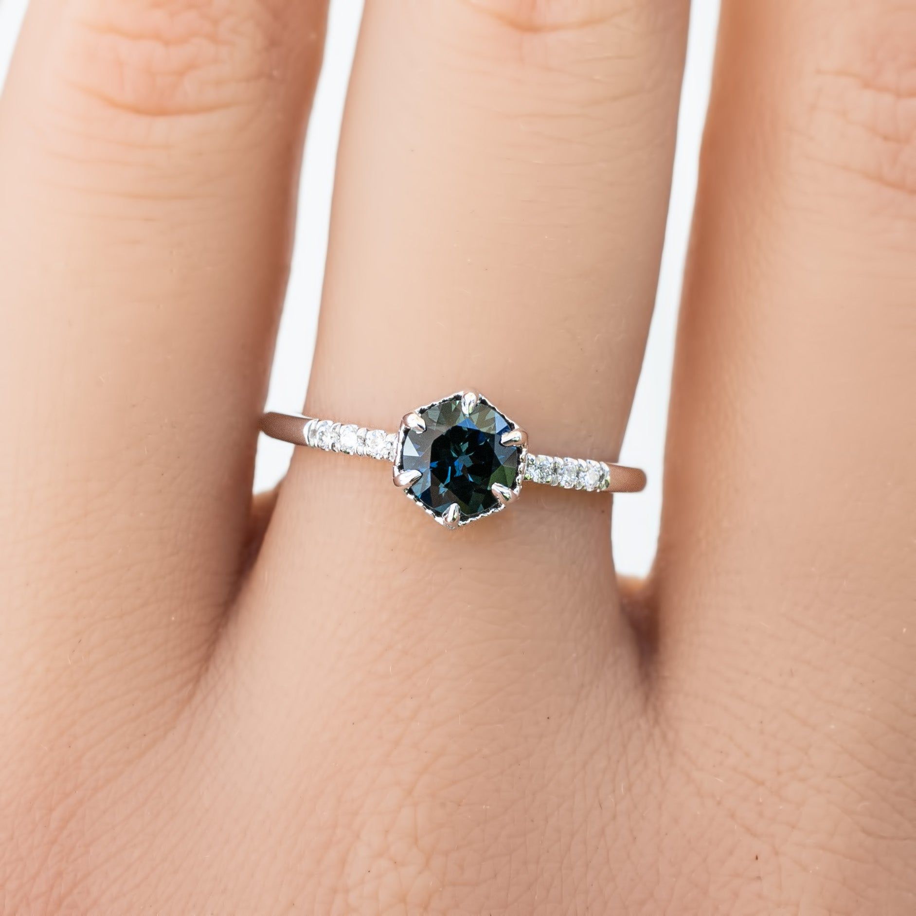 Grace Ring 5.5mm 0.77ct Part Blue Green Round Queensland Sapphire, 14k White Gold (One of a kind)