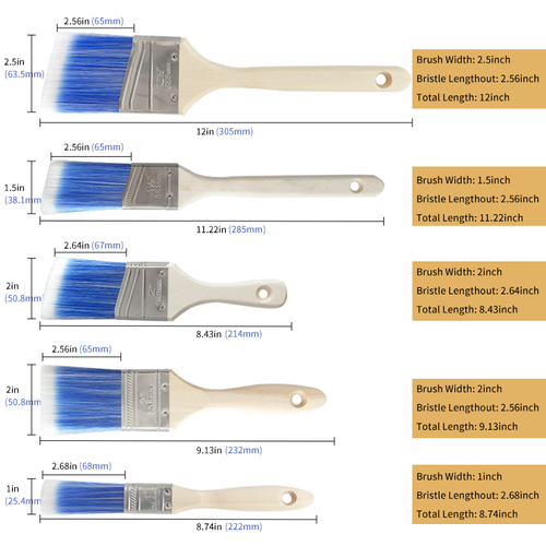 Paint Brushes 6 Pack Treated Wood Handle for Walls Furniture & Stains 1 1.5 2 2.5 Inch Versatile Easy Application Smooth Even Finishes