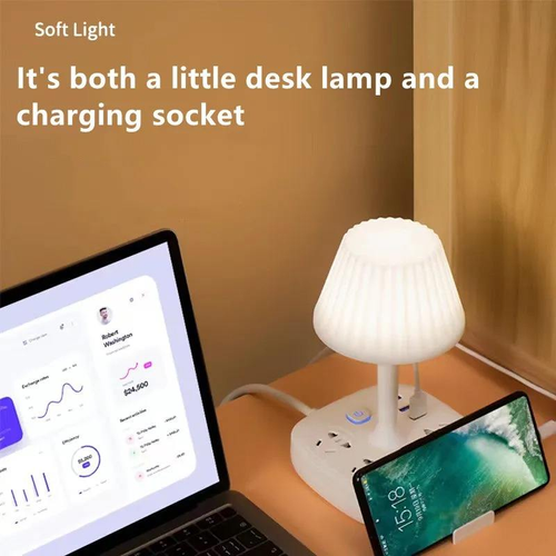 Multifunctional Eye-Caring Bedside Lamp with Soft Light, Integrated Power Strip, USB Ports, and Multiple Cord Length Options