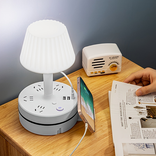 Multifunctional Eye-Caring Bedside Lamp with Soft Light, Integrated Power Strip, USB Ports, and Multiple Cord Length Options