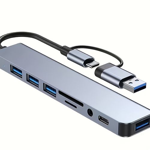 USB hub, a dual-purpose hub with USB and Type C interfaces, 8 port USB C hub, featuring USB 3.0, USB 2.0, Micro SD TF card reader, microphone audio and other interfaces, suitable for USB C hubs on laptops, MacBook Pro, iMac, iPad Pro and other