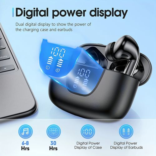 Wireless earphones, 5.3 wireless Bluetooth earphones, 13mm sound unit, 30-hour battery life, Type-C fast charging case, stereo wireless in-ear headphones, suitable for iPhone and Android devices, gaming, business and sports earbuds.