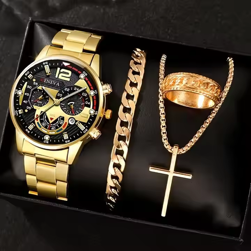 New Luxury Men's Business Watch with Steel Watch Necklace Ring