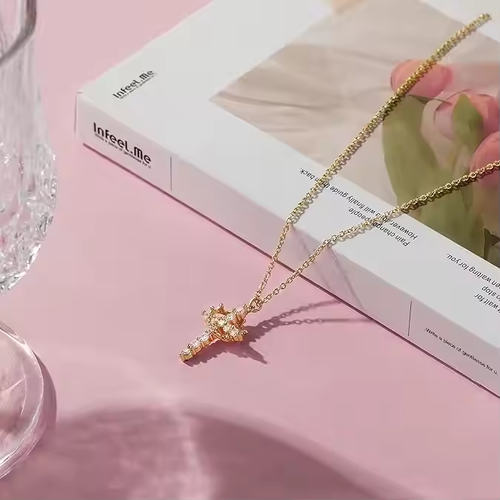 Light luxury crown cross necklace rotatable girl's gift