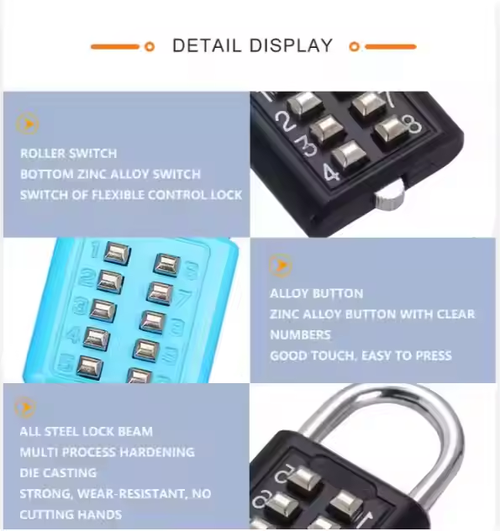 High Quality Stainless Steel Padlock 10 Digit Combination Lock for Storage, Zinc Alloy Silver Button Digital Luggage Lock