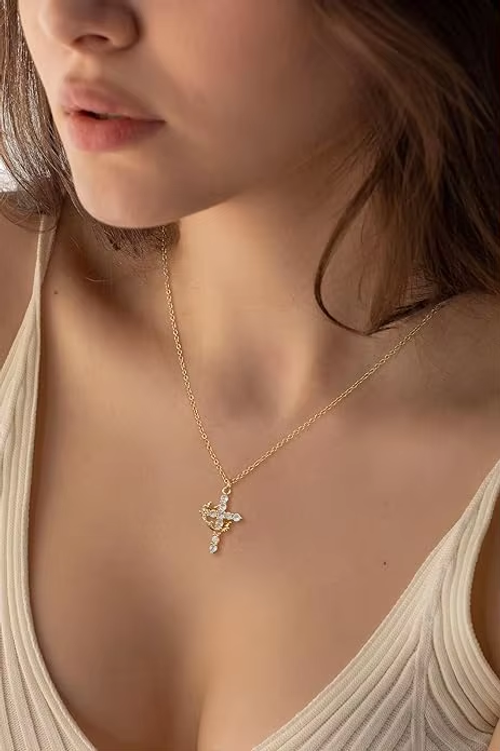 Light luxury crown cross necklace rotatable girl's gift