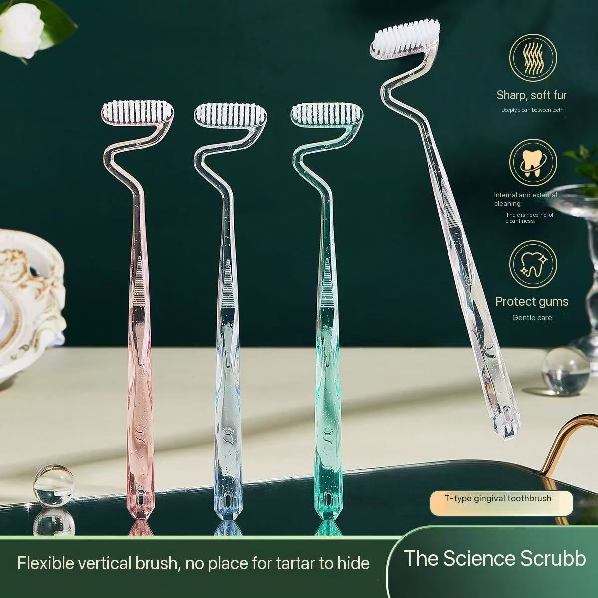 （Four-piece gift box）S-shaped vertical toothbrush, unisex, soft bristles, for cleaning and massaging the tongue and teeth.