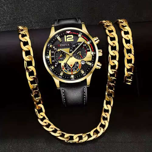 New Luxury Men's Business Watch with Steel Watch Necklace Ring