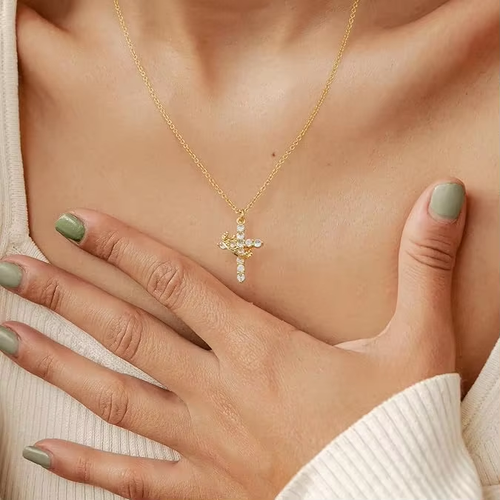 Light luxury crown cross necklace rotatable girl's gift