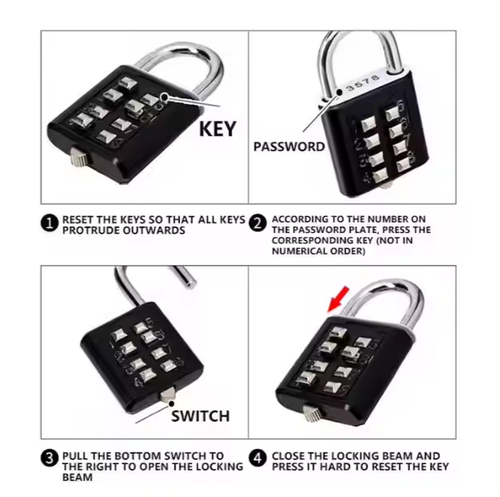 High Quality Stainless Steel Padlock 10 Digit Combination Lock for Storage, Zinc Alloy Silver Button Digital Luggage Lock