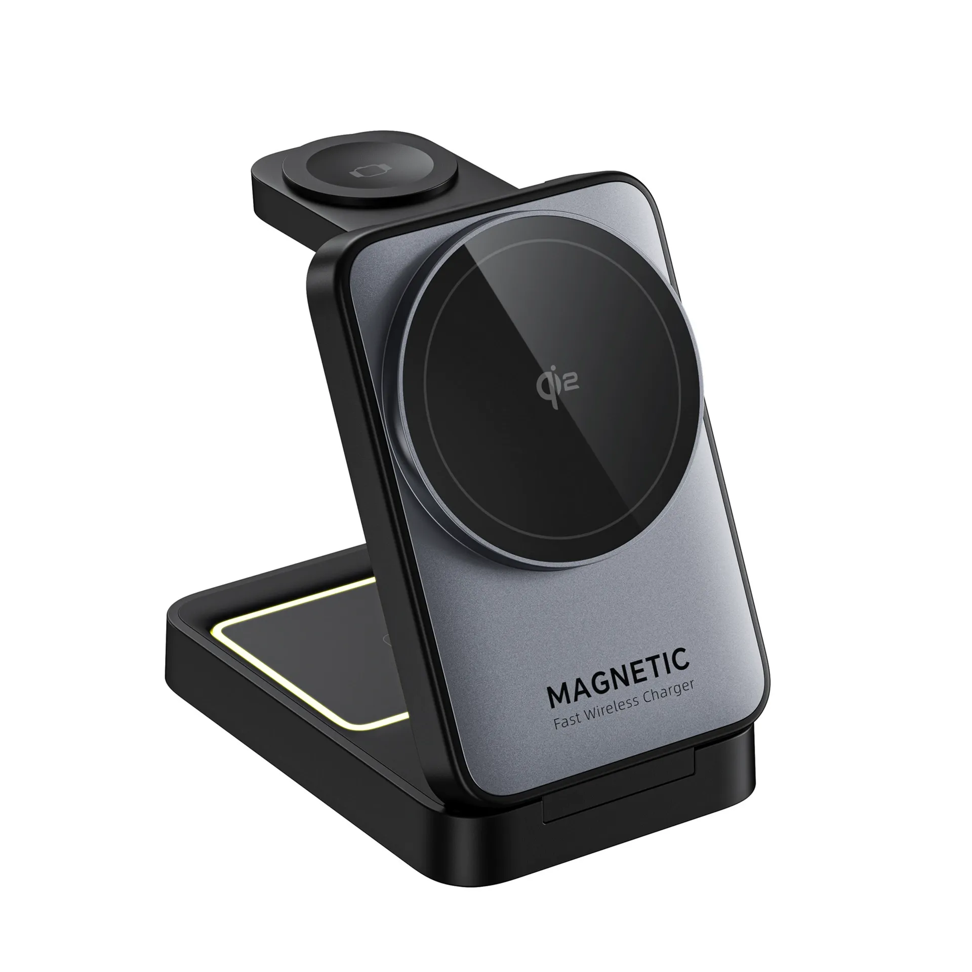 Carregador sem fios 3 em 1, dobrável e com fixação magnética – Carregador sem fios multifuncional com carregamento rápido de 15 W e suporte para telemóvel