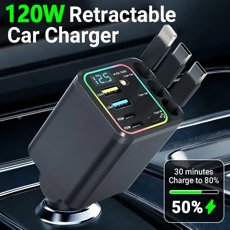 Nuokaiqi Car 7-in-1 Fast Charger with 3 Retractable Cables, Car Star Light,180° Direction Adjustment, LED Display, Compact Design, Premium Materials, Ideal for Road Trips 3756 sales