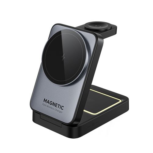 Carregador sem fios 3 em 1, dobrável e com fixação magnética – Carregador sem fios multifuncional com carregamento rápido de 15 W e suporte para telemóvel