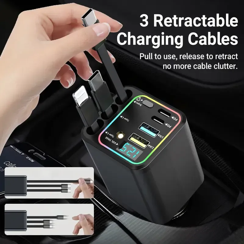 Nuokaiqi Car 7-in-1 Fast Charger with 3 Retractable Cables, Car Star Light,180° Direction Adjustment, LED Display, Compact Design, Premium Materials, Ideal for Road Trips 3756 sales