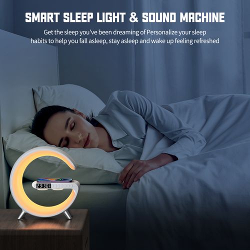 Luminária Inteligente 5 em 1 SUPER G: Luz Noturna com Bluetooth, Carregador SEM FIO + Caixa de Som, Efeito Arco-Íris e Sons da Natureza para Dormir