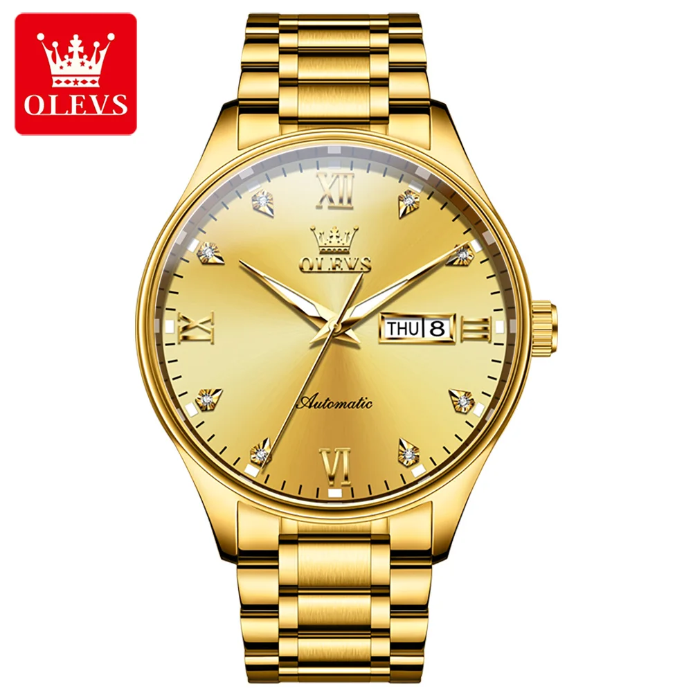 OLEVS 18K Gold Men's Automatic Mechanical Watch with Genuine Diamonds - Stainless Steel Bracelet, Business Classic Design, 50M Water Resistant, Luminous Hands
