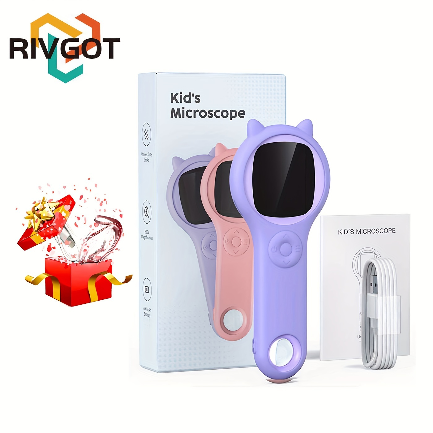 RIVGOT Portable Microscope 2 IPS Screen 200MP Camera 8 Adjustable Lights Photo Video Recording SD Card Slot Kids Science Explorer Perfect for Birthdays Christmas Back to School