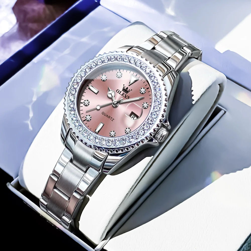 2025 New OLEVS OLEVS9945 Women's Fashion Quartz Watch - 34mm Coated Glass Dial with 30M Waterproof, Luminous Calendar Display, Original Premium Quartz Movement, 11mm Ultra-Thin Design, Flat Top Conical Crown & Single Fold Clasp
