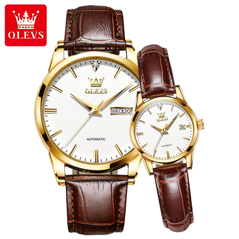OLEVS Luxury Automatic Couple Watch Set – 40mm & 28mm Round Dial, Genuine Leather Strap, 30M Waterproof, Day-Date Display, Luminous Hands (His & Hers Matching Pair)​