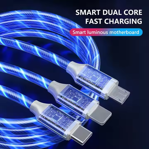 🔥Wholesale Metallic Streamer Data Cables Car Usb Charging Cable 2.4A Fast Charge Cable Three-in-one RGB Charging Line 3 in 1