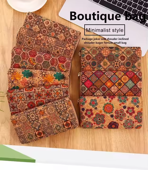 🔥Eco Friendly Cork Vintage Wooden Floral Print Clutch Slim Coin Purse Portable Cork Money Bag Lady Long Zipper Fashion Wallets