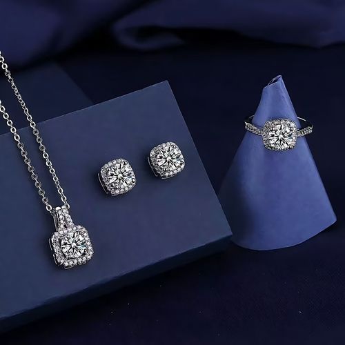 🔥💯S925 Sterling Silver Cubic Zirconia Hypoallergenic Stud Earrings Necklace Ring Jewelry Set for Women