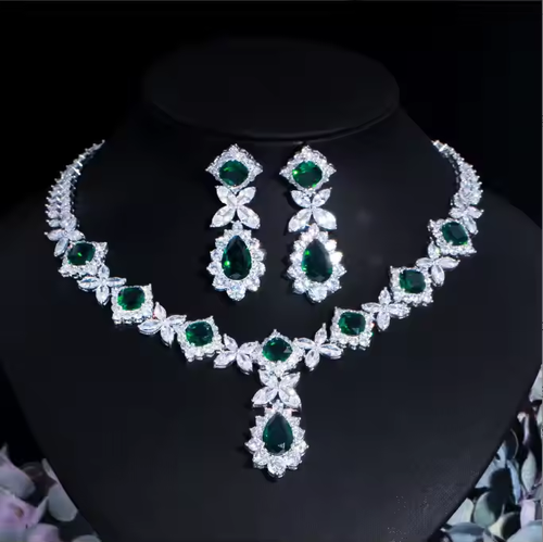 🔥🔥Women 925 Sterling Silver Plated Crystal Green Cubic Zircon Pendant Necklace Jewelry Sets