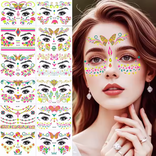 🔥Easter🔥 Fluorescent Face Tattoo Sticker Glitter Shiny Butterfly Face Tattoo Sticker Waterproof