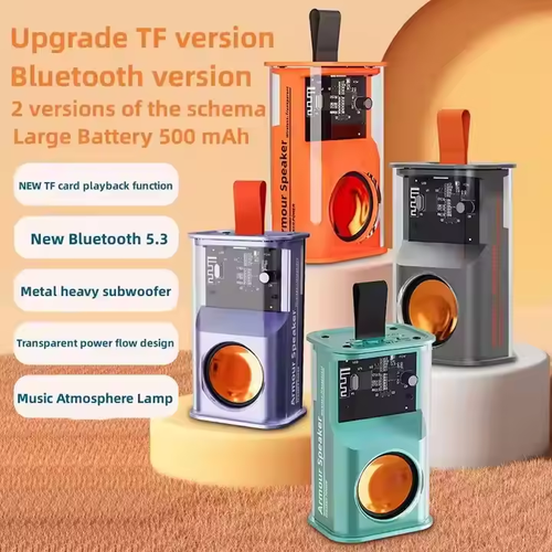 🔥💯Transparent Mecha Style Wireless Speaker Small Steel Cannon Desktop Speaker Colorful Subwoofer Portable Card Audio