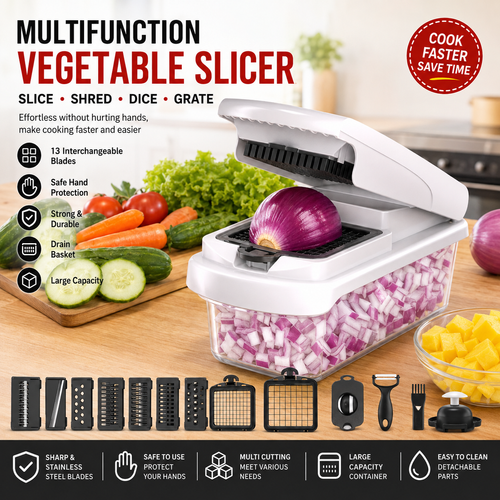 15-in-1 Vegetable Chopper — Food Cutter with 8 Blades and Container for Kitchen Use.
