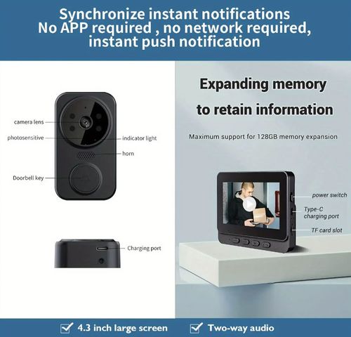🔥Hot Seller🔥 Mini Wire-Free Video Doorbell with Display Screen, Two-Way Talk for Home & Shop Security