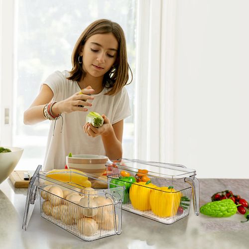 🔥Hot Seller🔥 Transparent Fridge Storage Box with Drain Tray, Food Grade for Fruit Vegetable