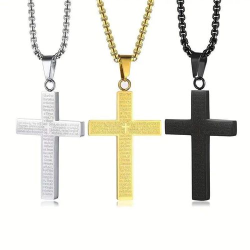 Fine Jewelry Necklaces 1pc Multi-color Stainless Steel Carved Cross Pendant Necklace Titanium Steel High Polished Hip-Hop Style