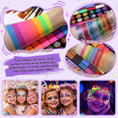 42 couleurs Kit de maquillage pour le visage à l'eau avec pinceaux, pochoirs et éponge, Idéal pour fêtes, festivals et cosplay