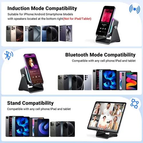 Support de téléphone Bluetooth portable 5 en 1 avec enceinte à induction sans fil, 8 lumières RGB et son surround.
