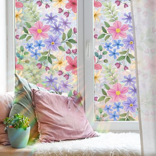 Film Fenêtre Effet Vitrail Floral Décoration Maison Élégante et Protection d'Intimité