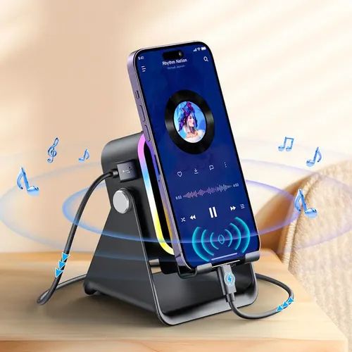 Support de téléphone Bluetooth portable 5 en 1 avec enceinte à induction sans fil, 8 lumières RGB et son surround.