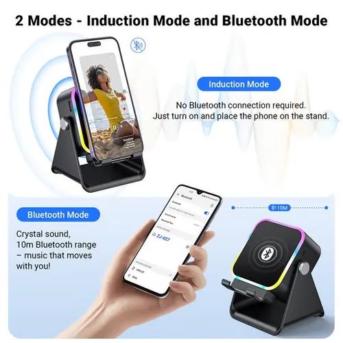 Support de téléphone Bluetooth portable 5 en 1 avec enceinte à induction sans fil, 8 lumières RGB et son surround.