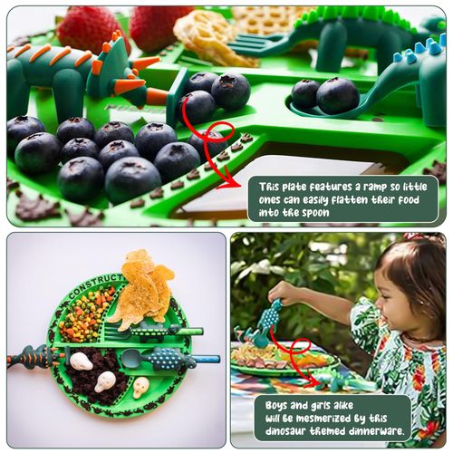🦕Ensemble Vaisselle Enfant Dinosaure Assiette et Couverts 4 Pièces COD