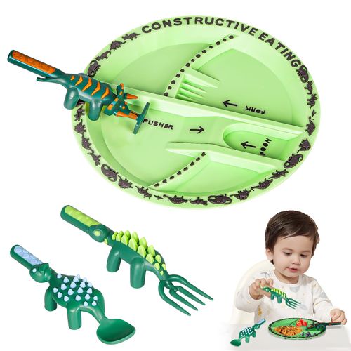 🦕Ensemble Vaisselle Enfant Dinosaure Assiette et Couverts 4 Pièces COD