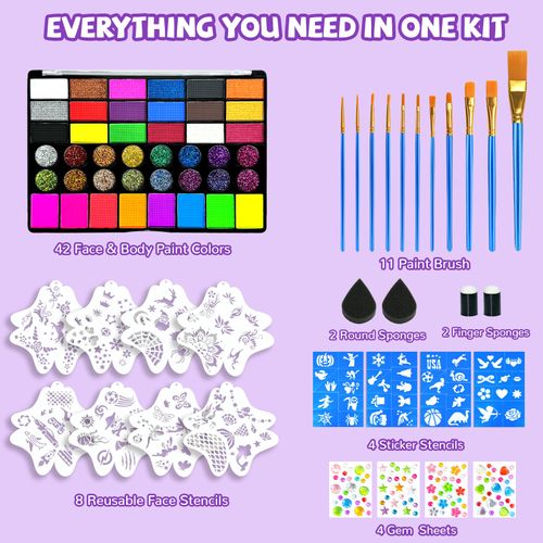 42 couleurs Kit de maquillage pour le visage à l'eau avec pinceaux, pochoirs et éponge, Idéal pour fêtes, festivals et cosplay