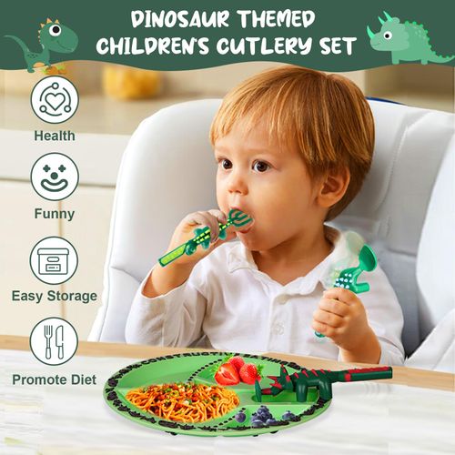 🦕Ensemble Vaisselle Enfant Dinosaure Assiette et Couverts 4 Pièces COD