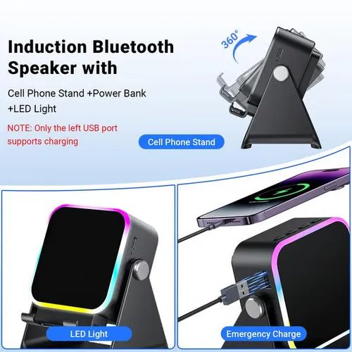 Support de téléphone Bluetooth portable 5 en 1 avec enceinte à induction sans fil, 8 lumières RGB et son surround.
